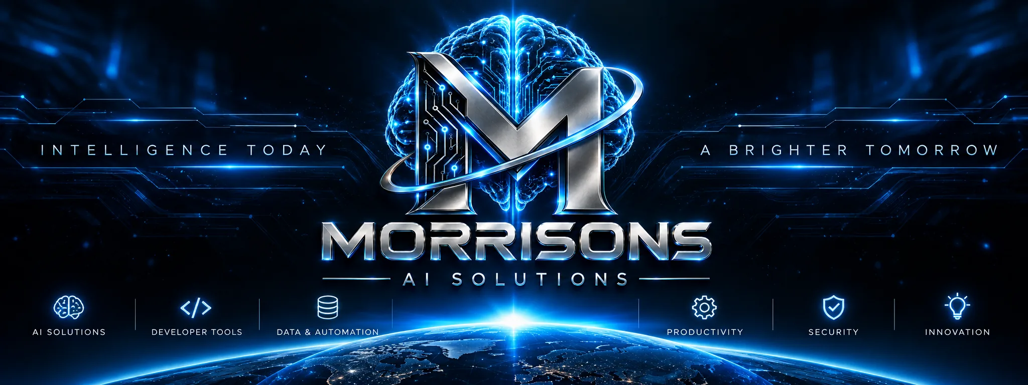 Morrisons AI Solutions: a chrome M over a glowing brain. Intelligence today, a brighter tomorrow.